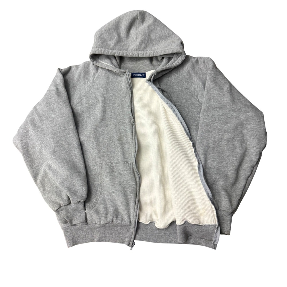 Vintage Puritan Waffle Thermal Lined Zip Up Hoodie Grunge Boxy XL